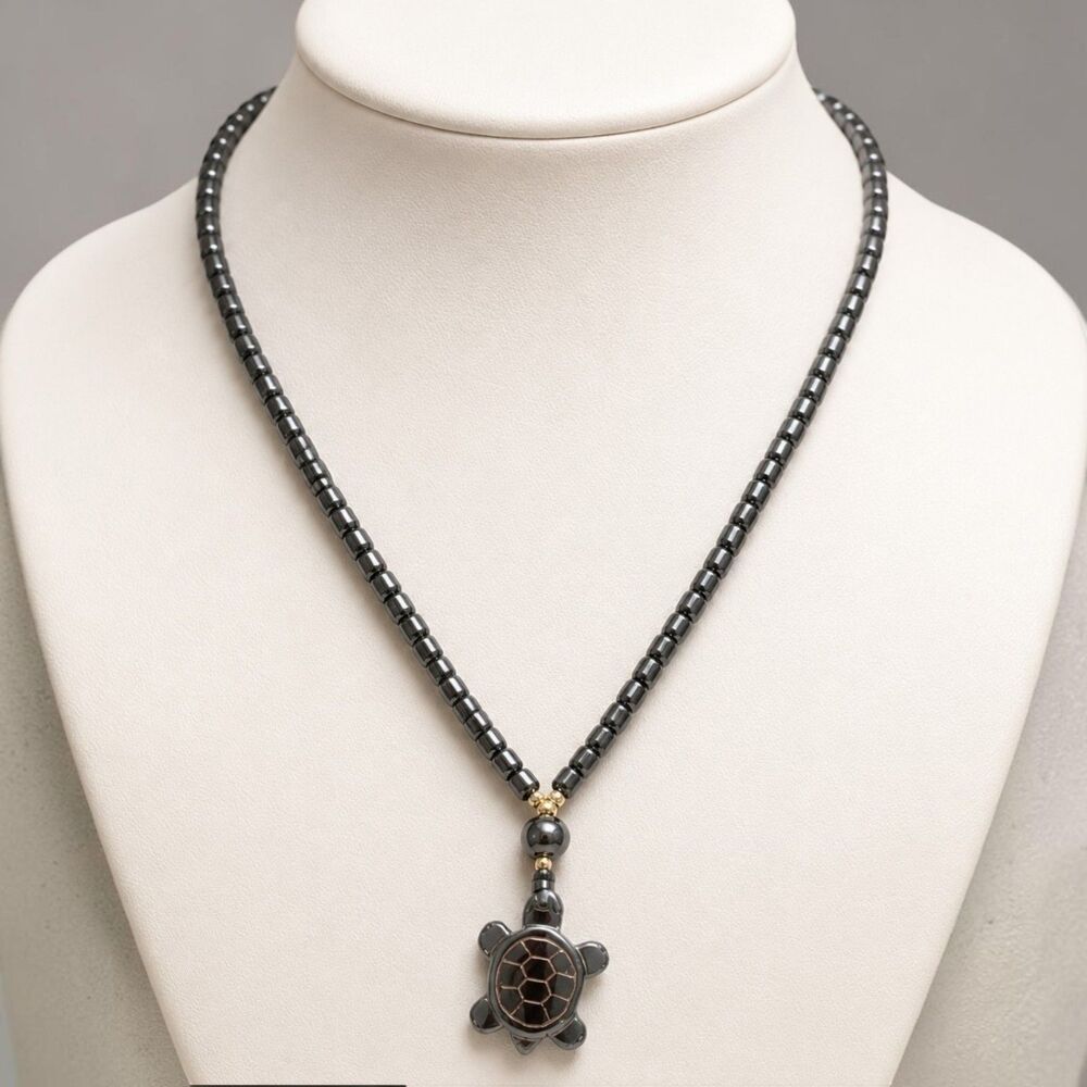 Vintage Hematite Beaded Turtle Pendant Necklace, Southwestern Boho Jewelry